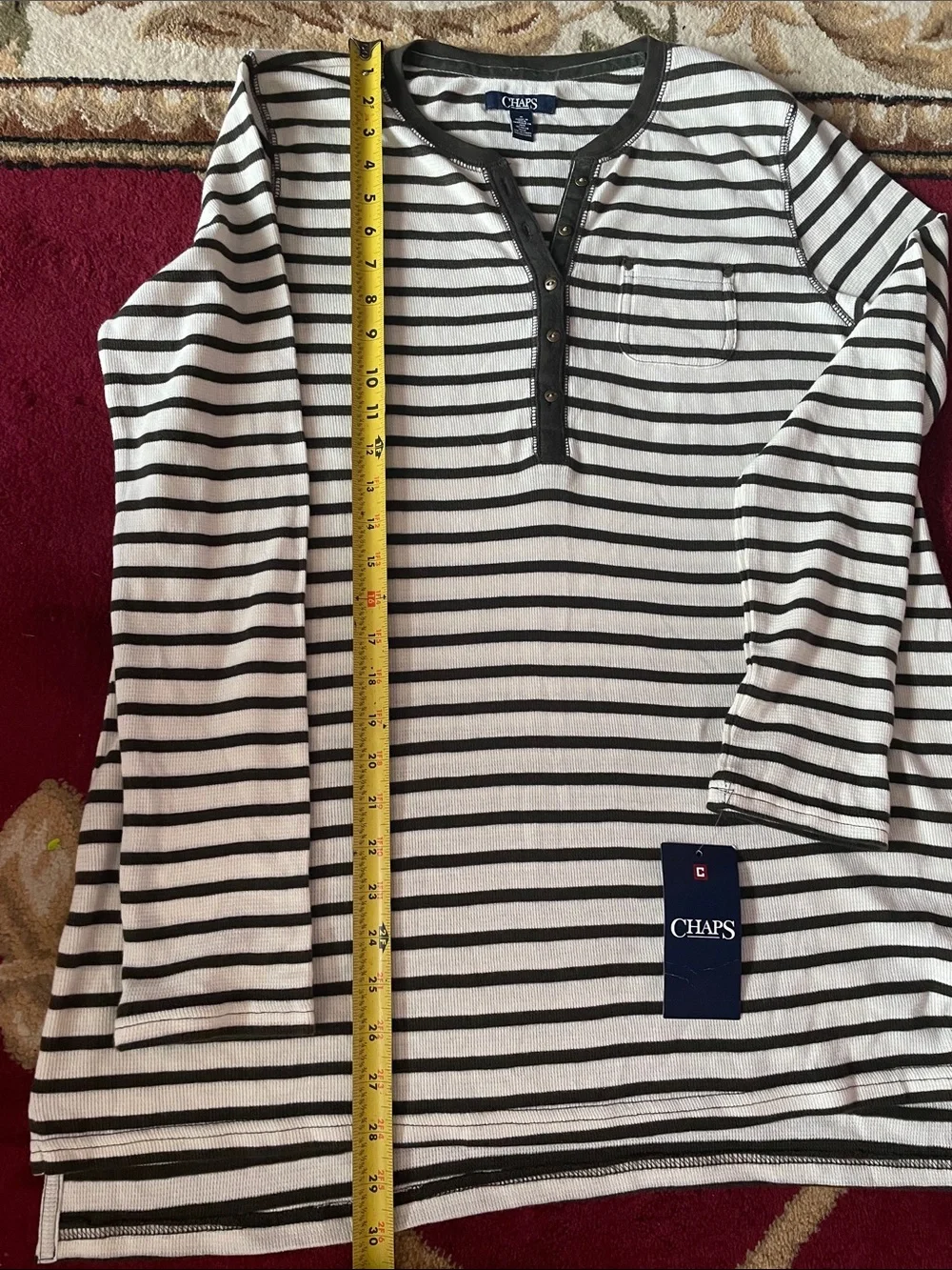 Chaps Women’s Long-Sleeve Striped Henley in Cream and Black